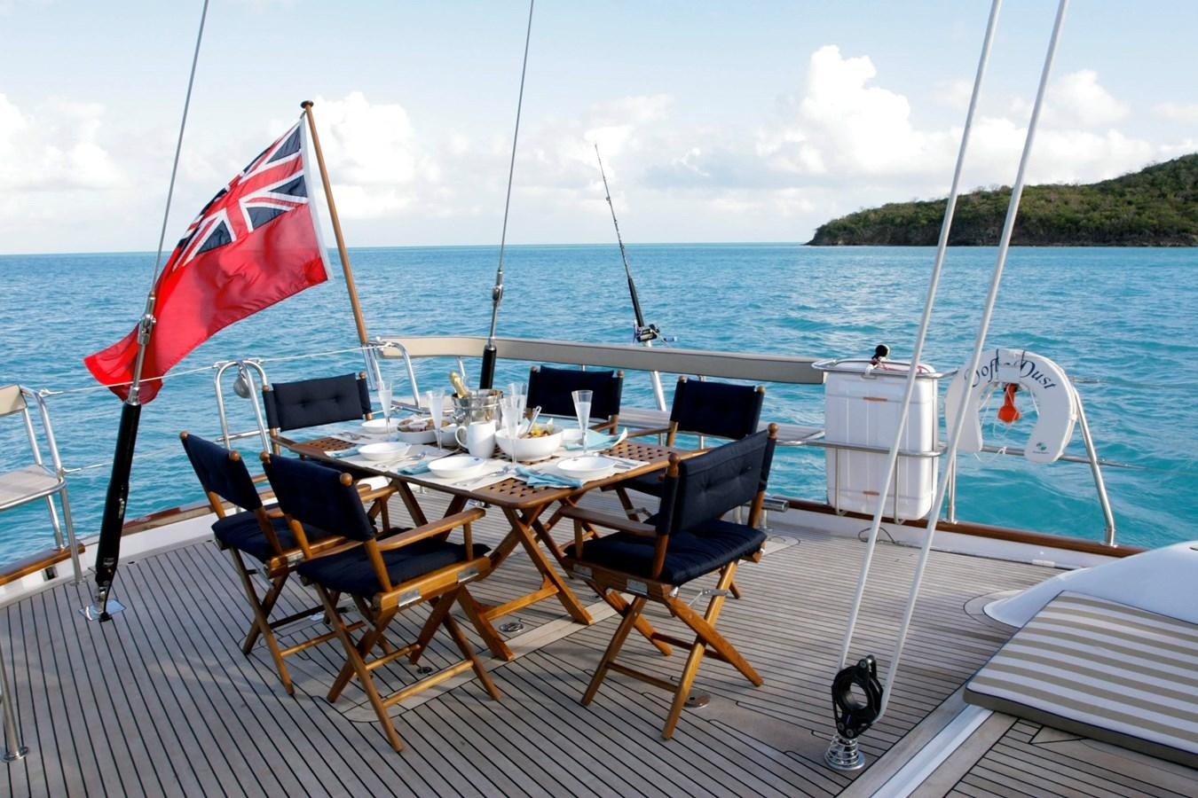 a table set for a meal on a boat aboard AYNI Yacht for Sale