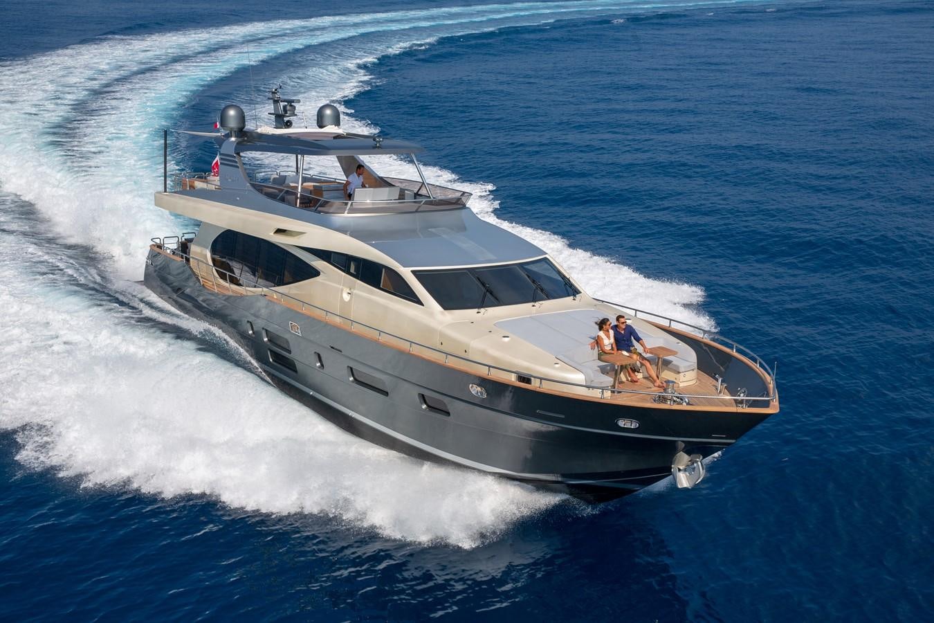 a white boat with people on it aboard CANADOS 888 EVO Yacht for Sale