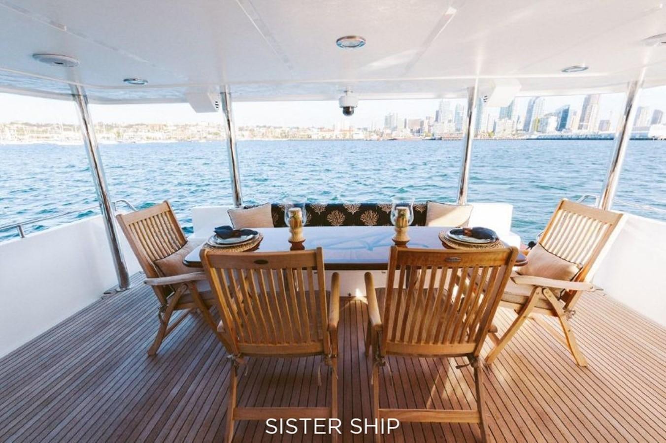 a deck with a table and chairs on it aboard 880 CPMY Yacht for Sale