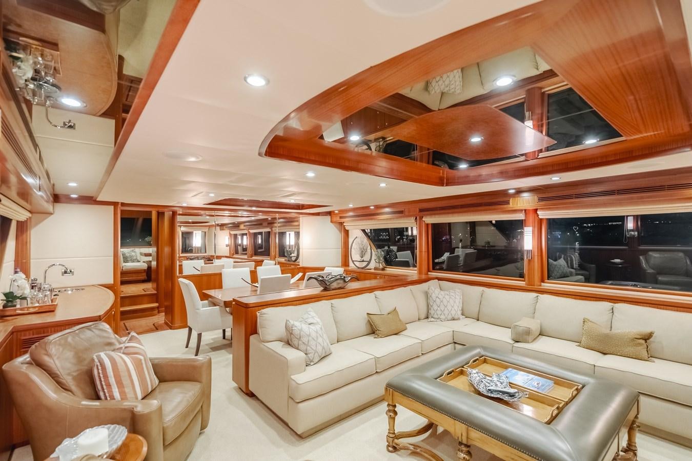 a living room with a wood ceiling aboard HAWK EYE  Yacht for Sale
