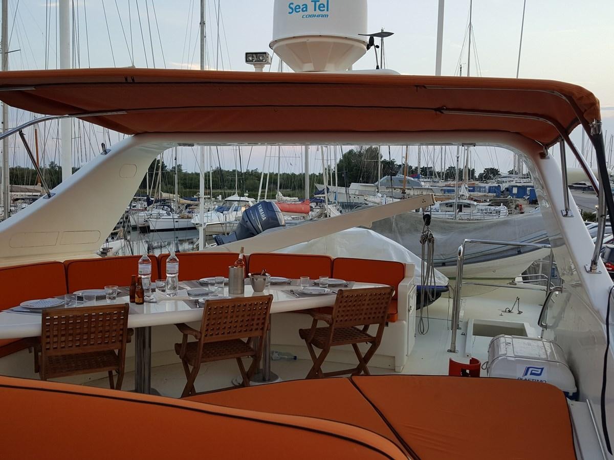 a boat with tables and chairs on it aboard BARON B Yacht for Sale