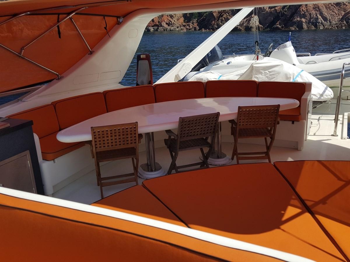 a boat with chairs and tables aboard BARON B Yacht for Sale