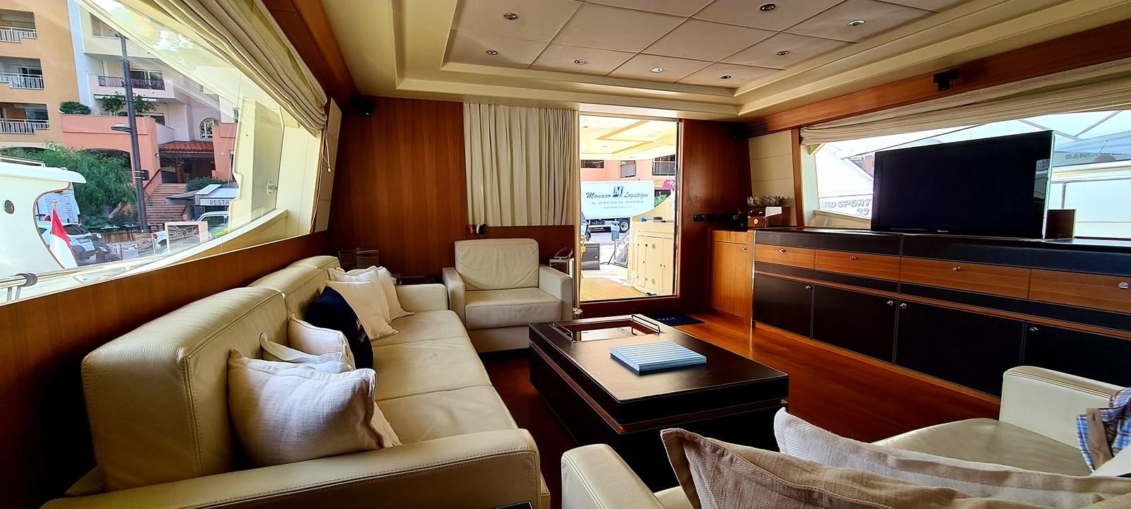 a living room with a tv and furniture aboard RITAKI 7 Yacht for Sale