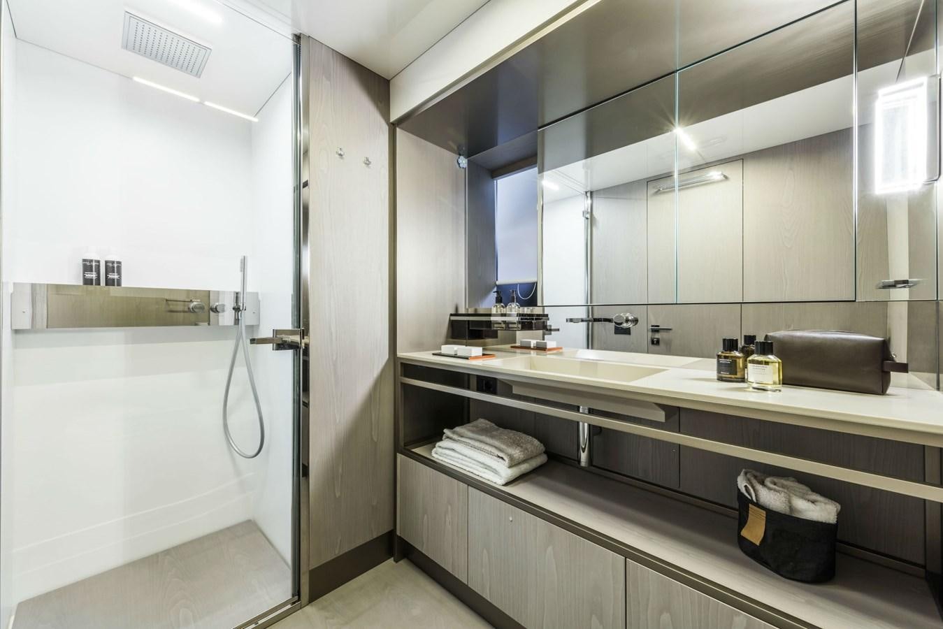 a bathroom with a large countertop aboard FERRETTI YACHTS 850 HT  Yacht for Sale