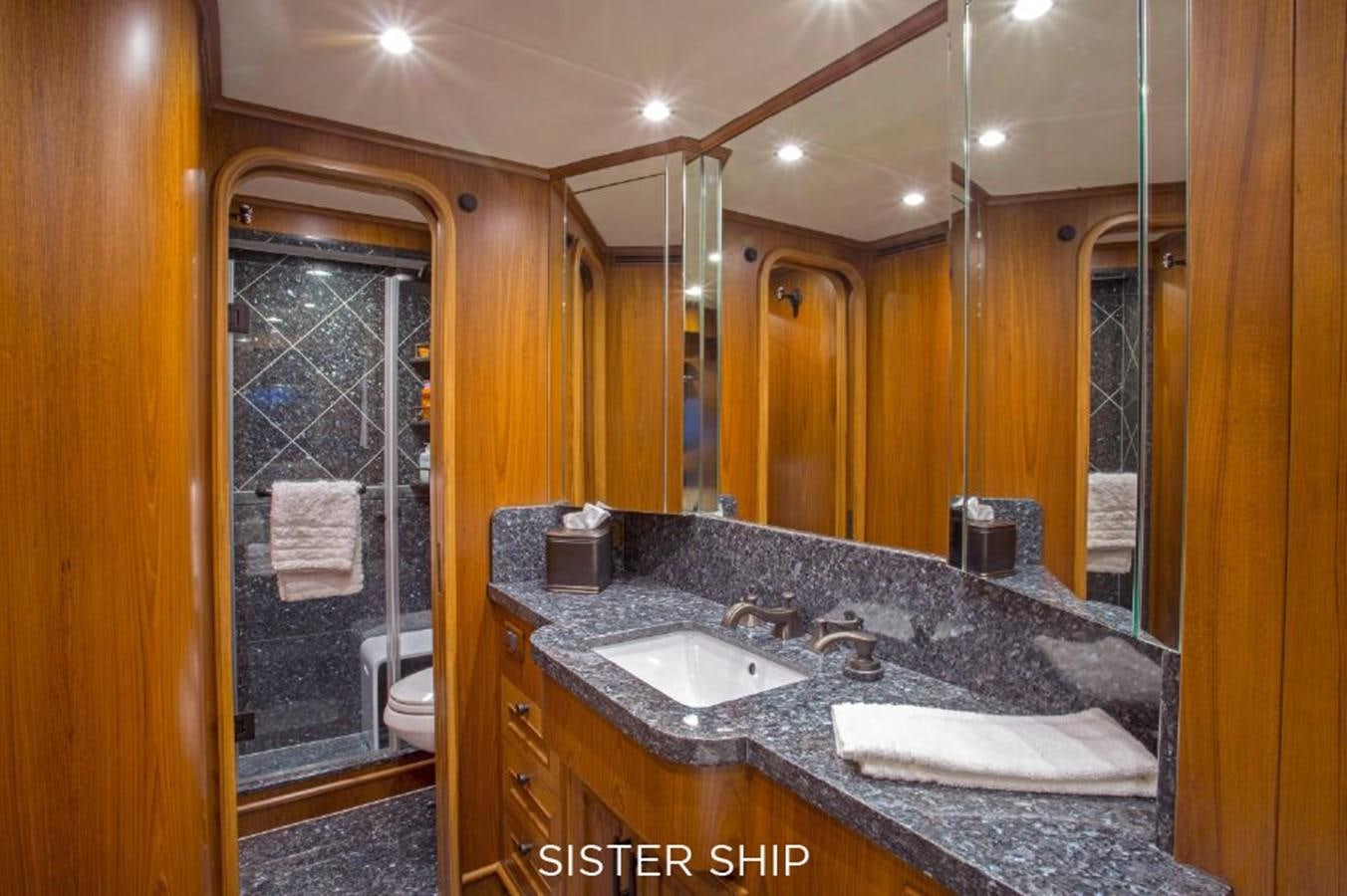 a bathroom with a large mirror aboard 820 CPMY Yacht for Sale