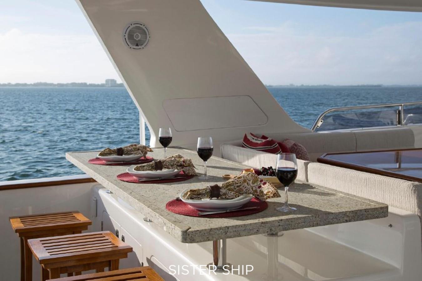 a table with food on it by a body of water aboard 820 CPMY Yacht for Sale