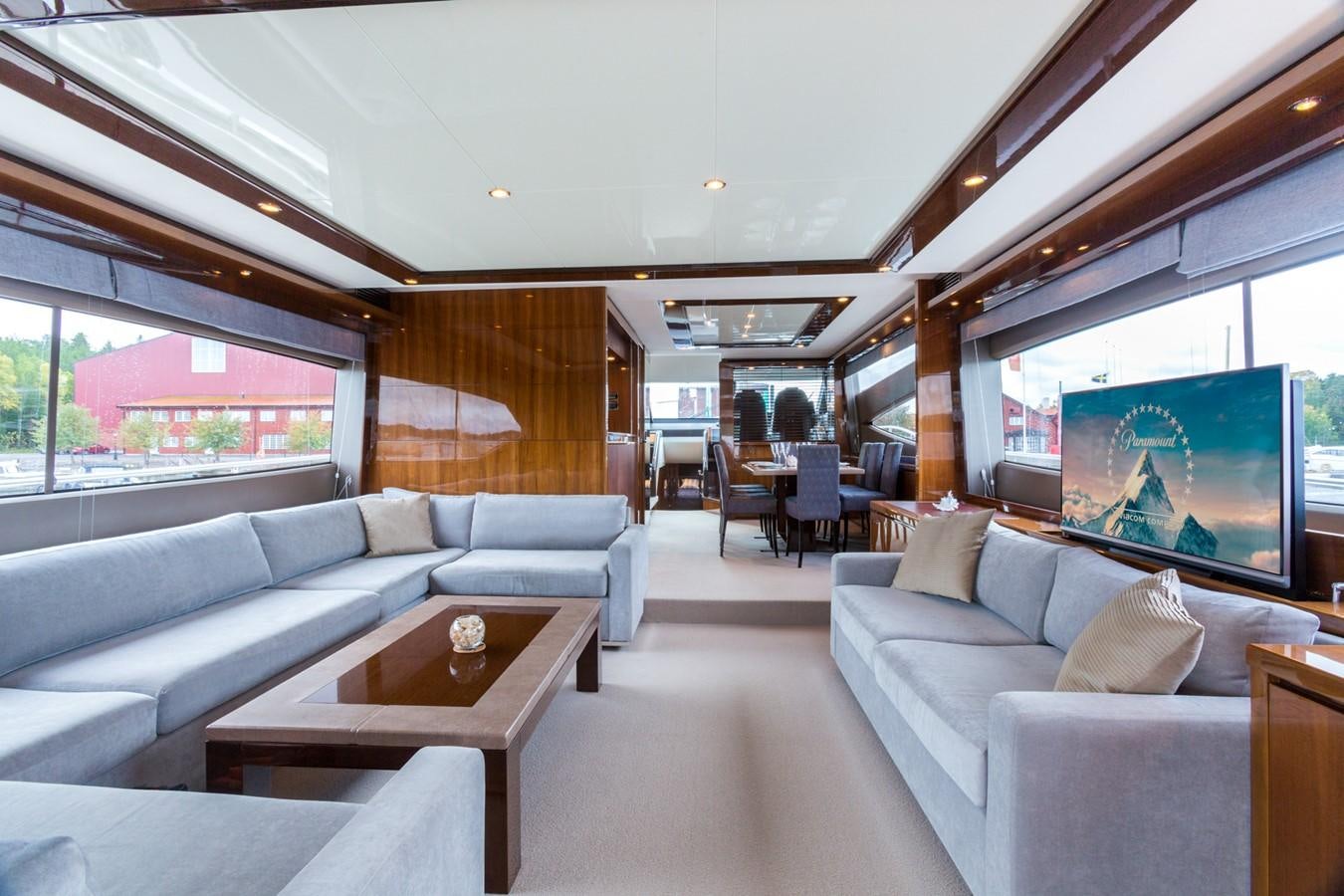 a living room with a large screen aboard PRINCESS 78 MY Yacht for Sale