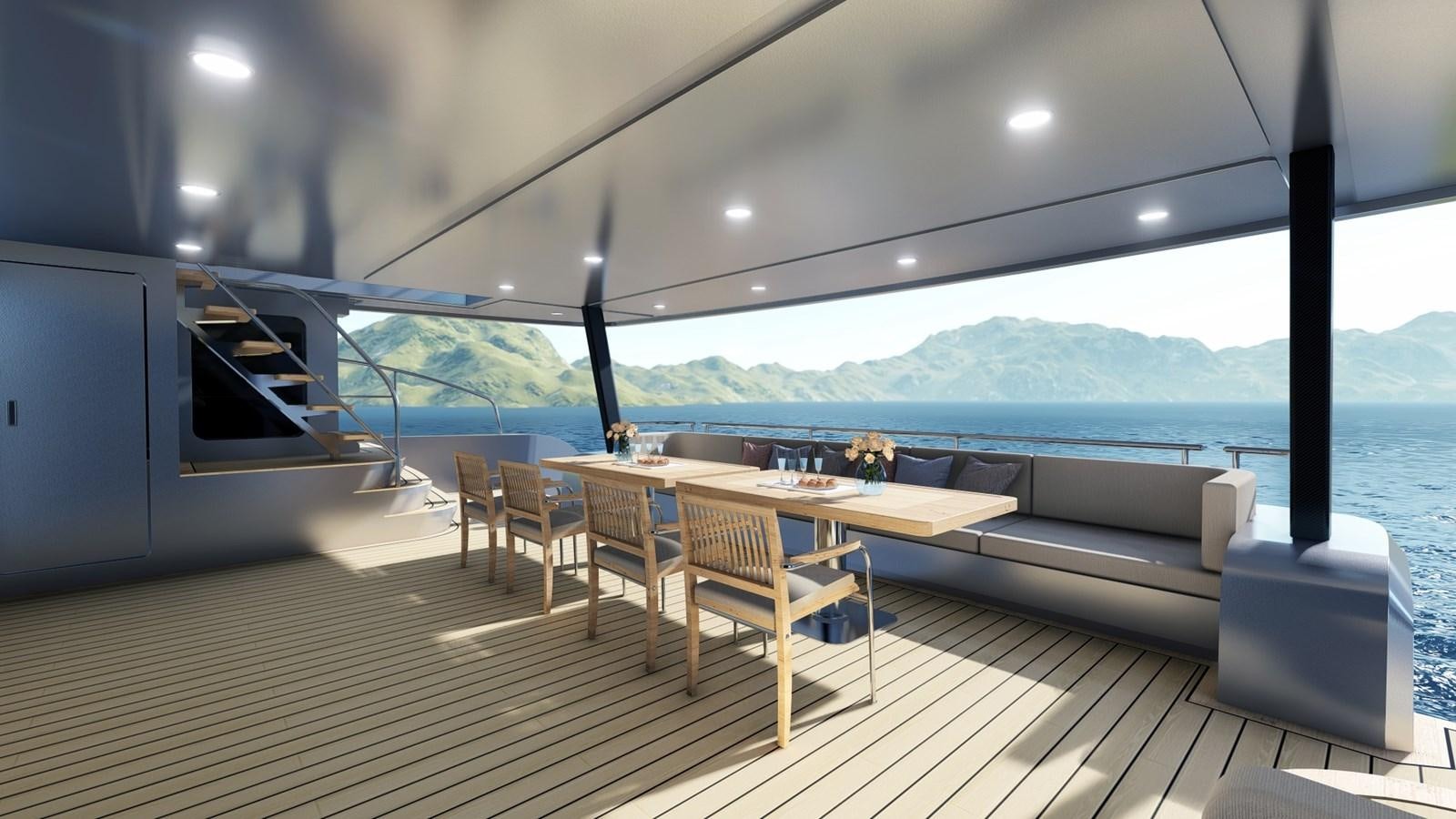 a room with a table and chairs aboard HSY-80 Yacht for Sale