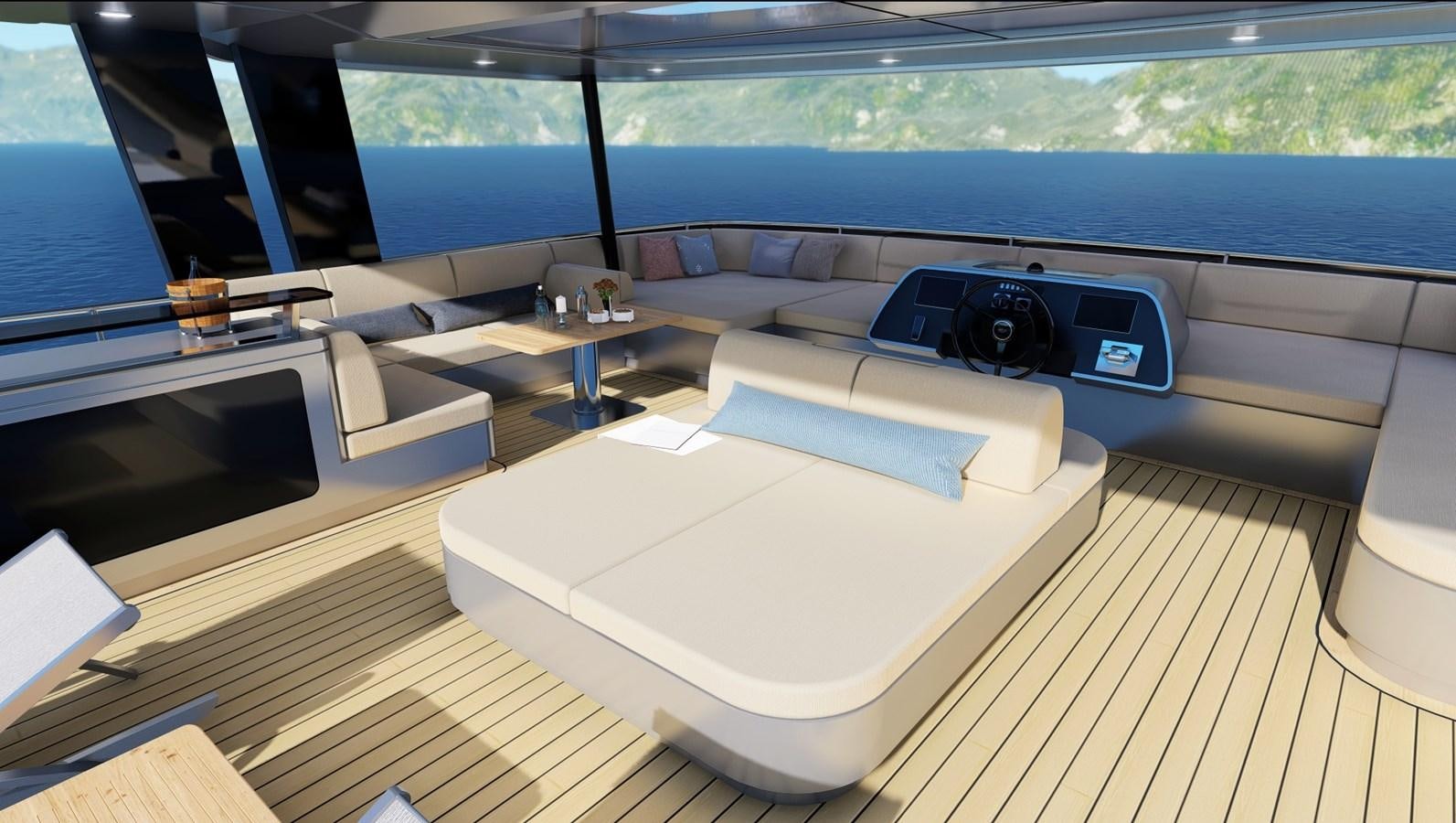 a room with a large window and a table with a video game console aboard HSY-80 Yacht for Sale