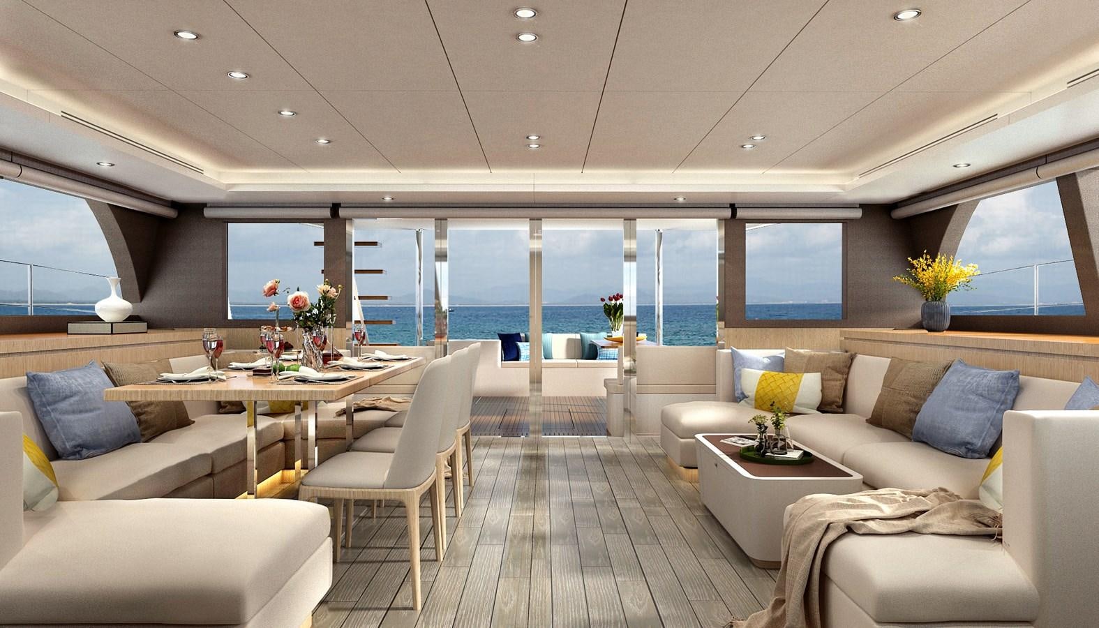 a living room with a large window aboard HSY-80 Yacht for Sale