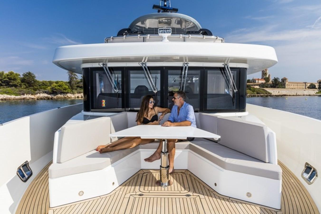a couple sitting on a boat aboard BULL Yacht for Sale