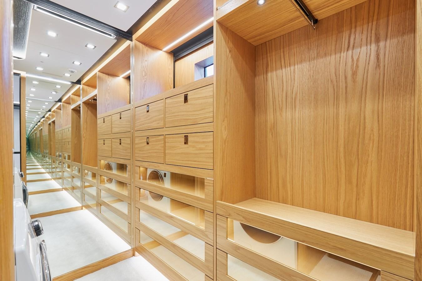 a wooden room with wooden walls aboard BERING 88/05 Yacht for Sale