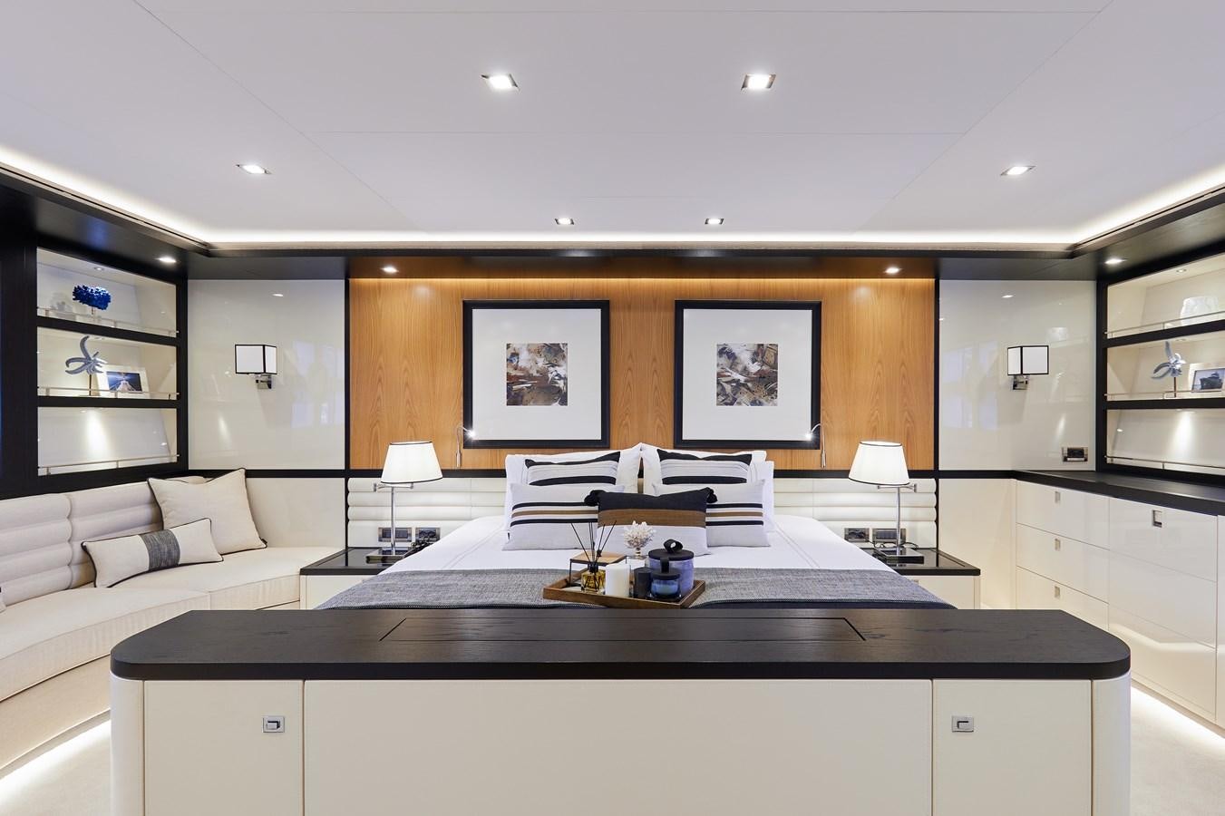 a modern looking living room aboard BERING 88/05 Yacht for Sale