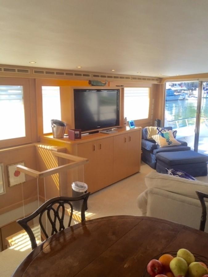 a living room with a tv and fruit on the table aboard WHALE'S WAY Yacht for Sale