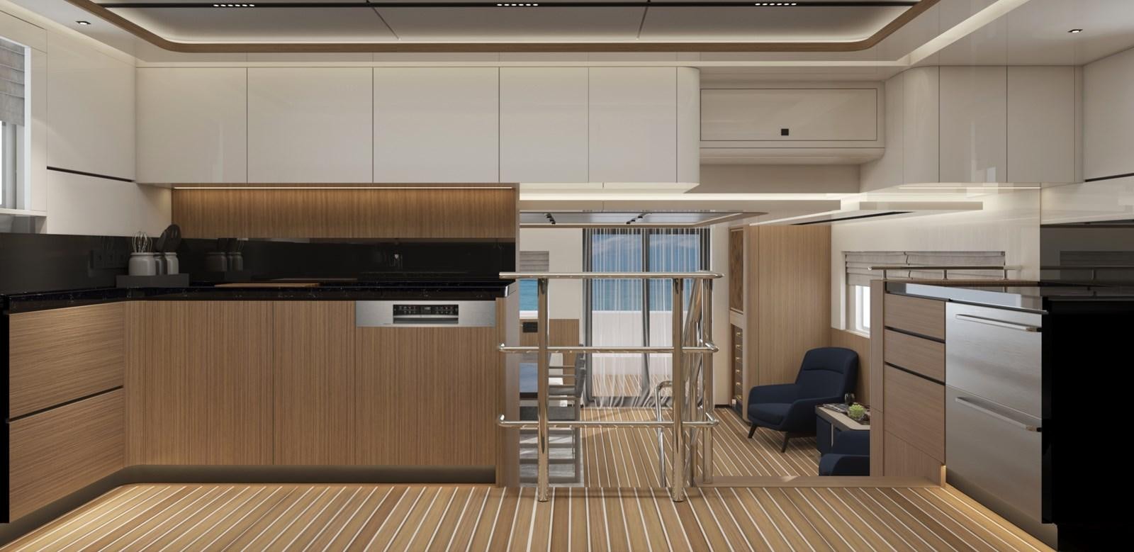 a kitchen with wooden cabinets aboard BERING B72 Yacht for Sale