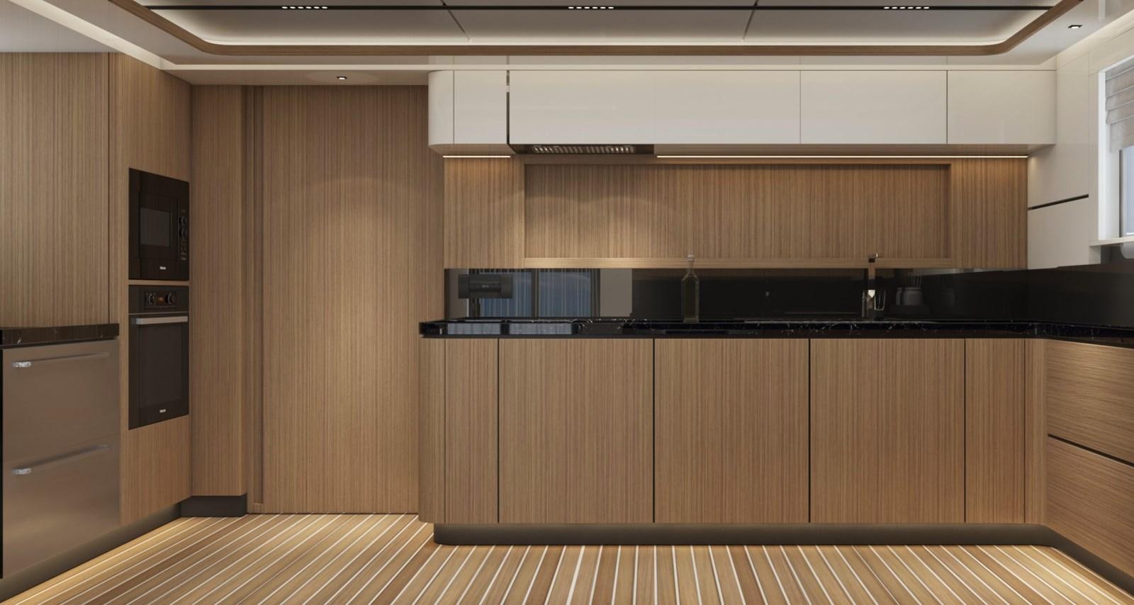 a kitchen with wooden cabinets aboard BERING B72 Yacht for Sale