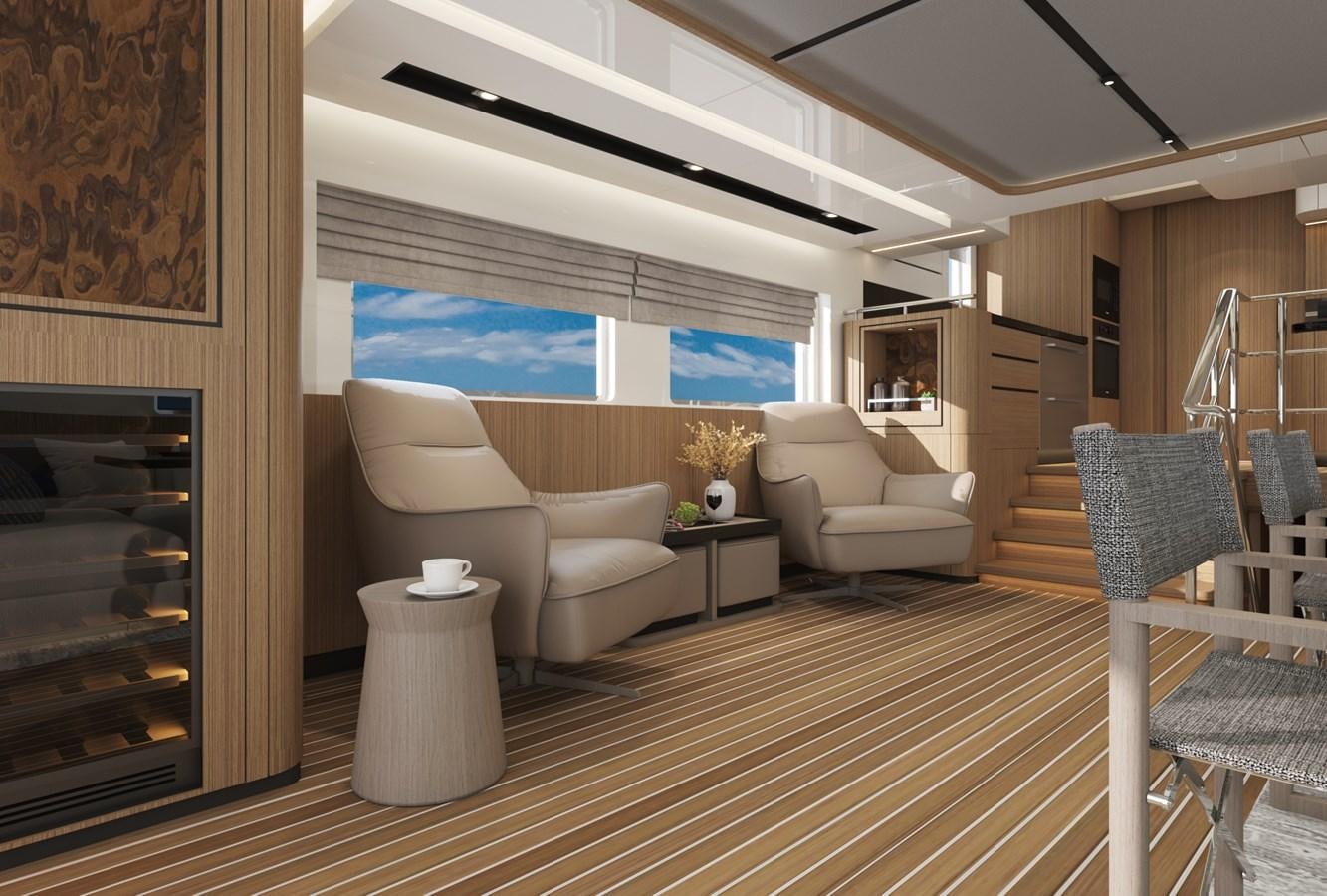 a living room with a large window aboard BERING B72 Yacht for Sale