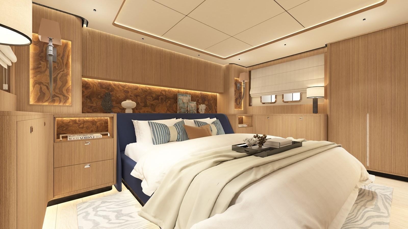 a room with a bed and a dresser aboard BERING B72 Yacht for Sale