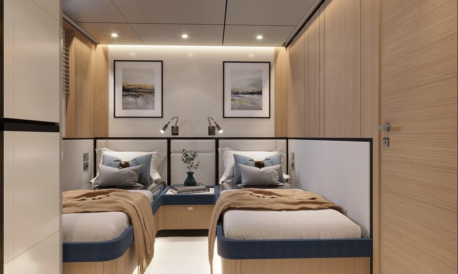 a room with two beds aboard BERING B72 Yacht for Sale