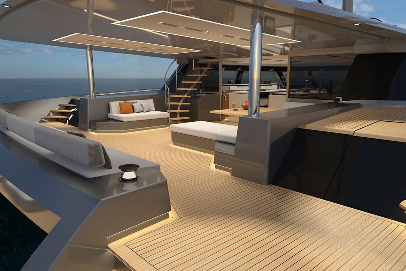 a room with a staircase and a glass wall aboard H70 Yacht for Sale