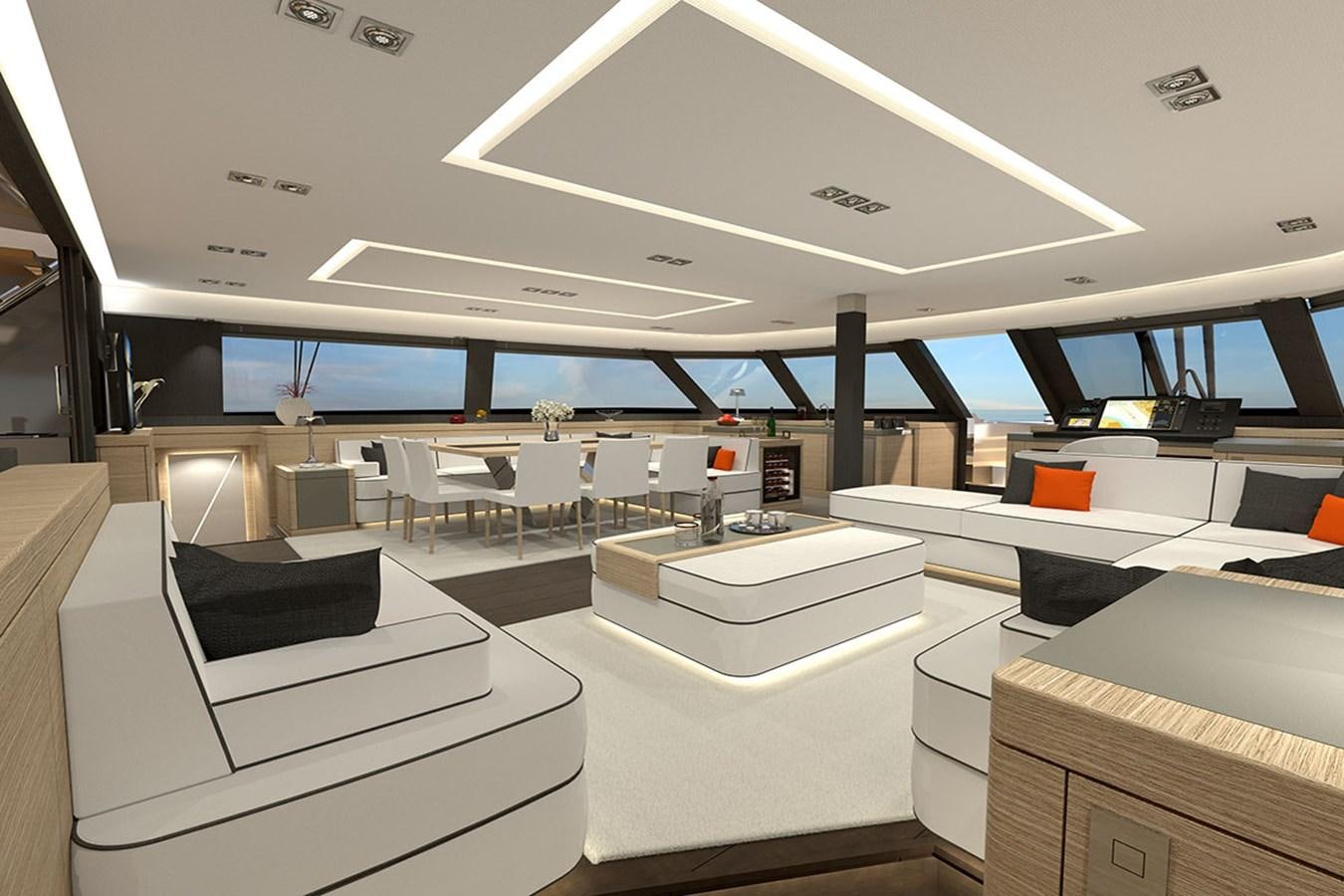 an empty room with chairs and a desk aboard H70 Yacht for Sale