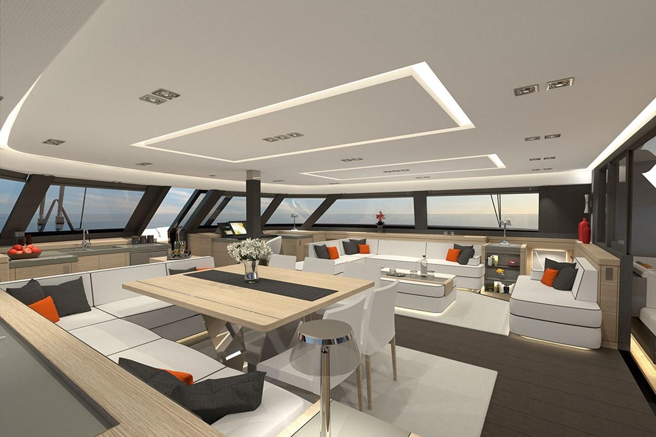 a room with tables and chairs aboard H70 Yacht for Sale