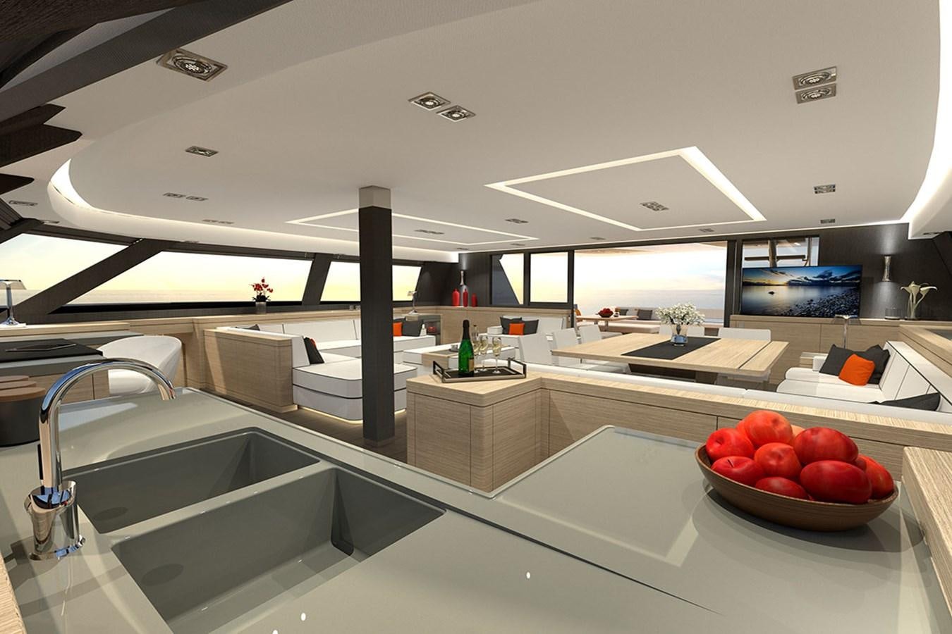 a large kitchen with a large window aboard H70 Yacht for Sale