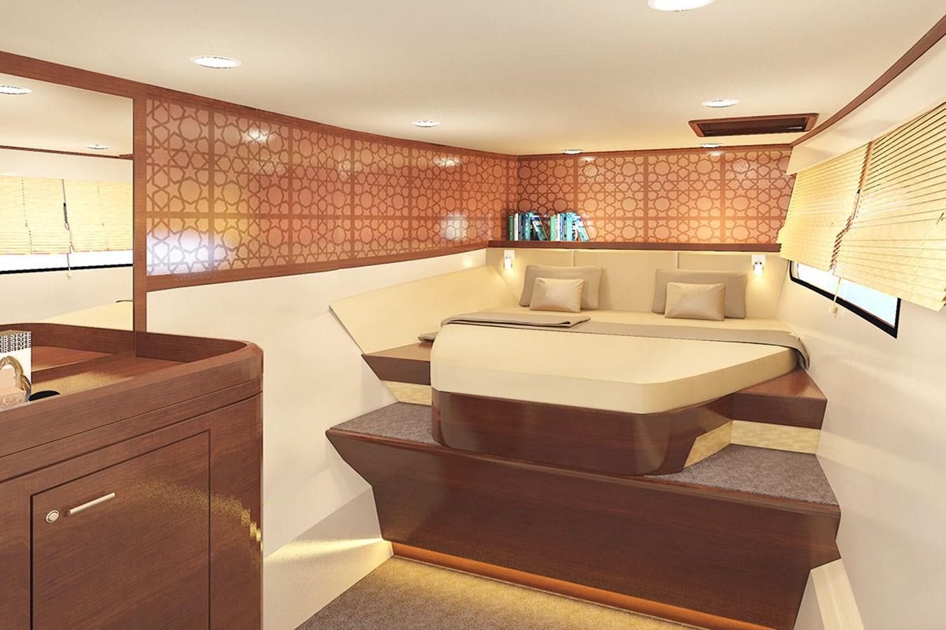 a room with a bed and a desk aboard H70 Yacht for Sale