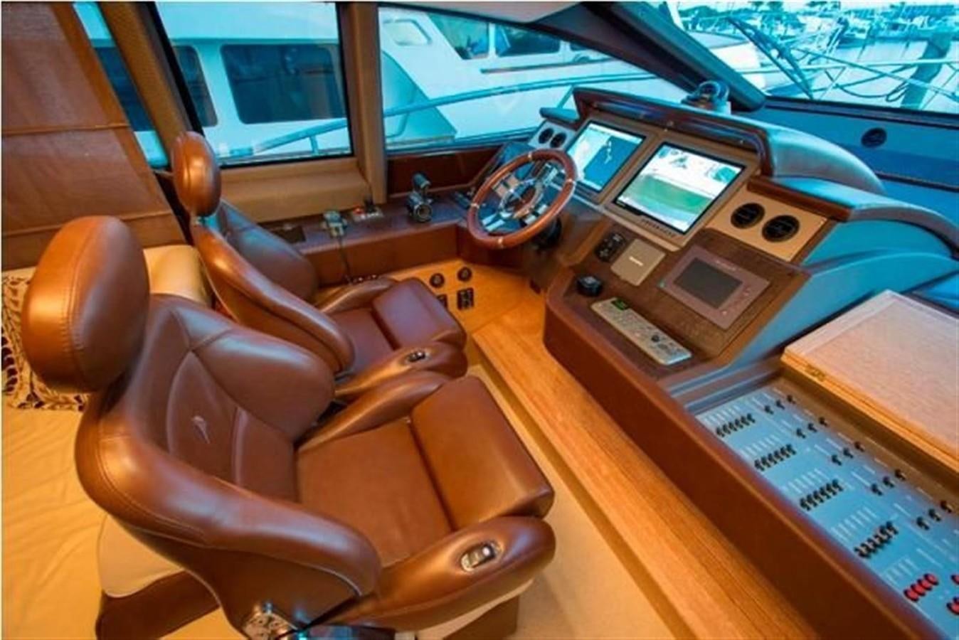 a wooden steering wheel and control panel aboard RAMAYA Yacht for Sale