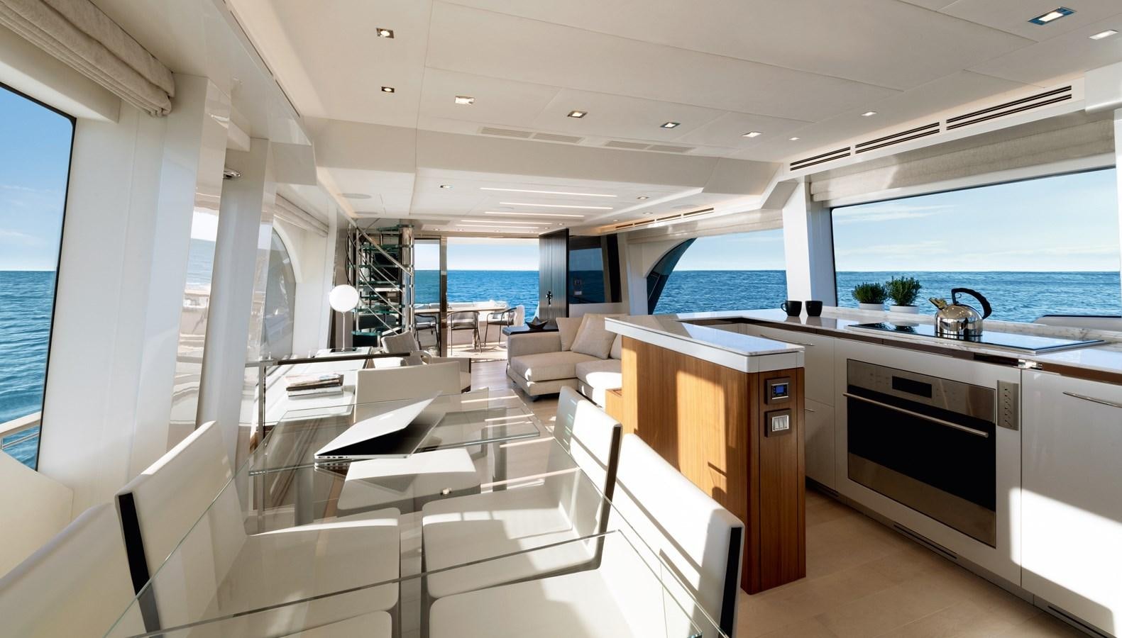 a modern kitchen with a large open floor plan aboard MCY 70 SKYLOUNGE  Yacht for Sale