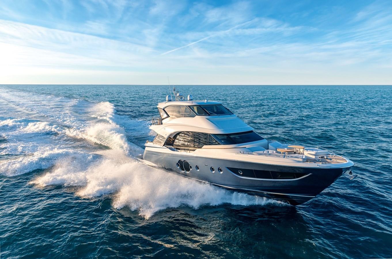 a white yacht on the water aboard MCY 70 SKYLOUNGE  Yacht for Sale