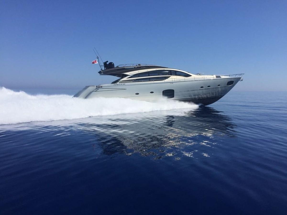a white yacht in the water aboard 2014 PERSHING 82 Yacht for Sale