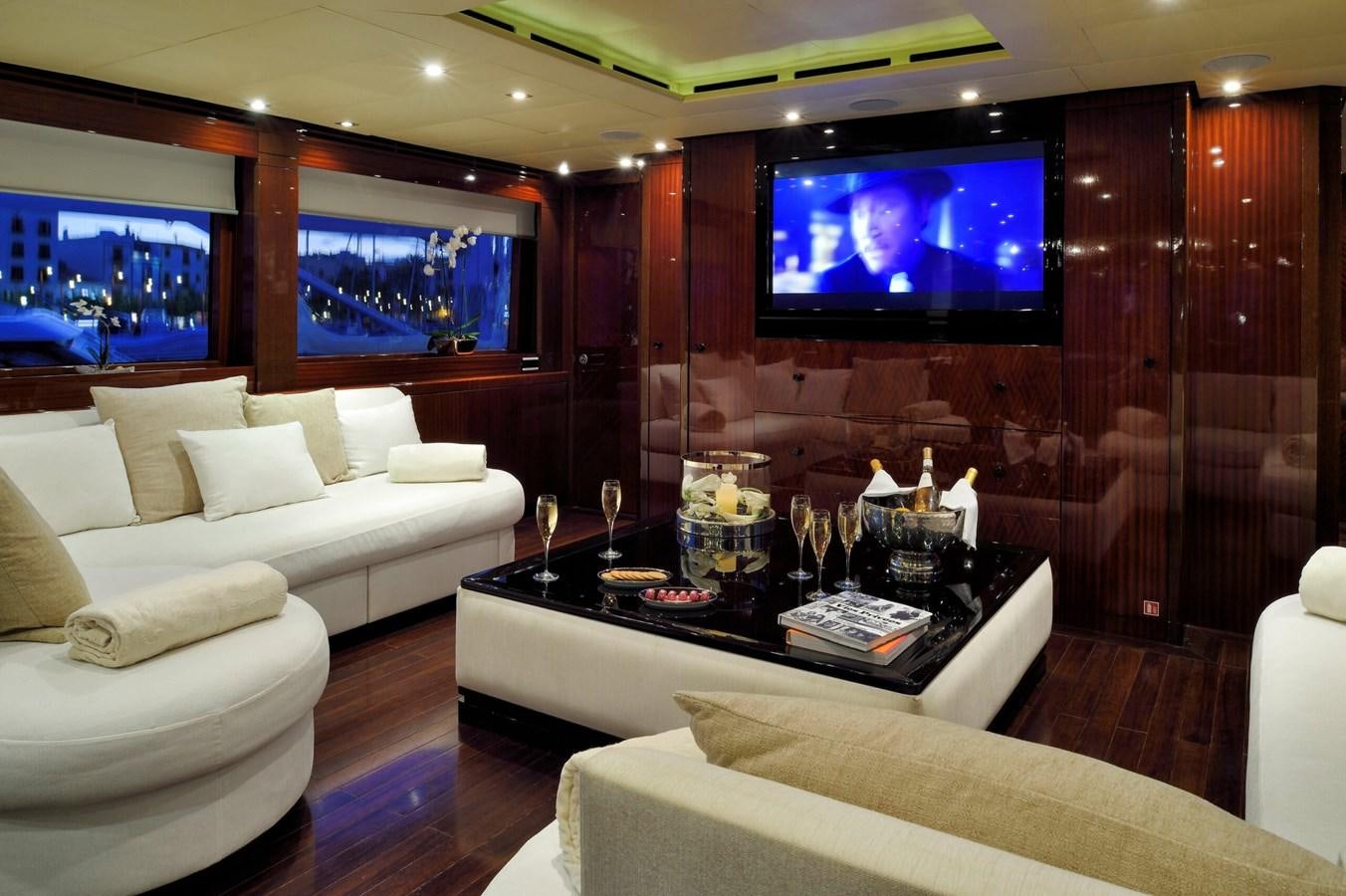 a living room with a large screen aboard WHISPERING ANGEL Yacht for Sale