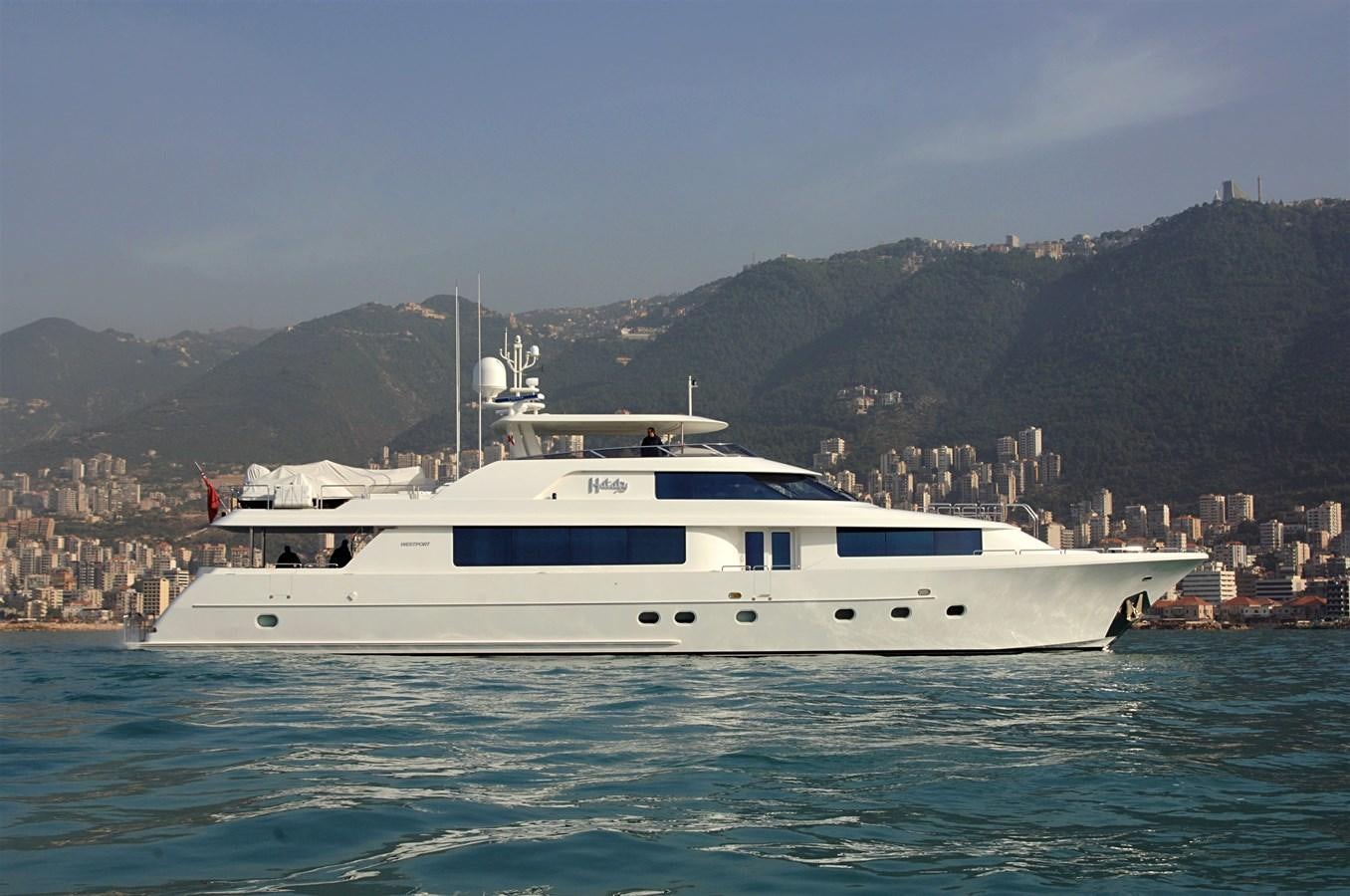 a white yacht in the water aboard HATATY Yacht for Sale