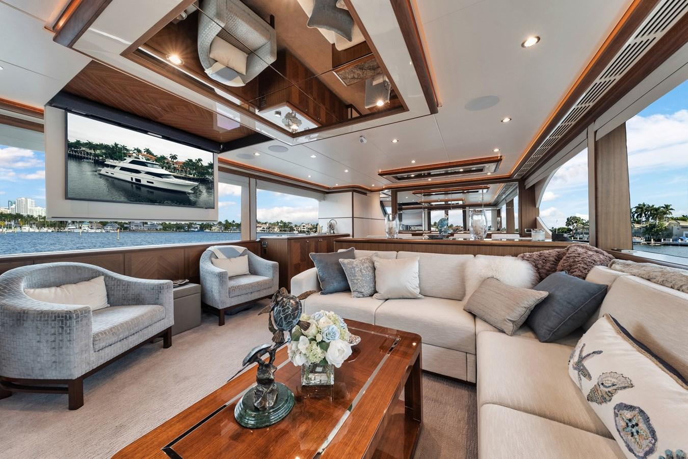 a living room with a large window aboard 2019 OCEAN ALEXANDER 88 SKYLOUNGE MUDSLINGER Yacht for Sale