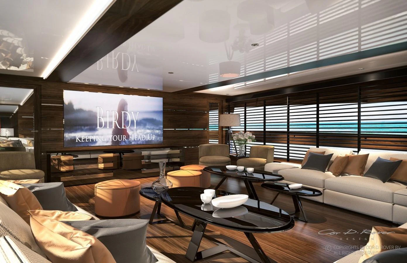 a living room with a large screen aboard HORIZON FD125 Yacht for Sale