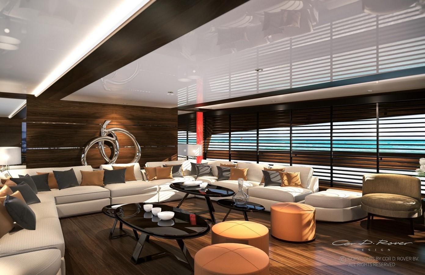 a living room with a large window aboard HORIZON FD125  Yacht for Sale