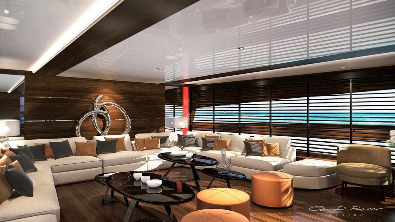 a living room with a large window aboard HORIZON FD125  Yacht for Sale