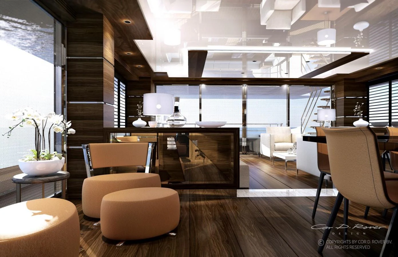 a room with a table chairs and a large window aboard HORIZON FD125 Yacht for Sale