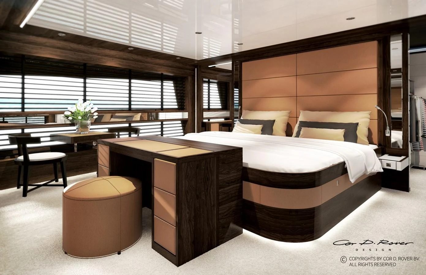 a room with a bed and desk aboard HORIZON FD125 Yacht for Sale