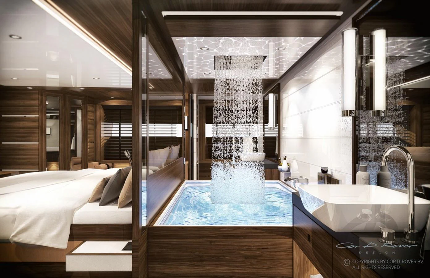 a room with a large glass window aboard HORIZON FD125 Yacht for Sale