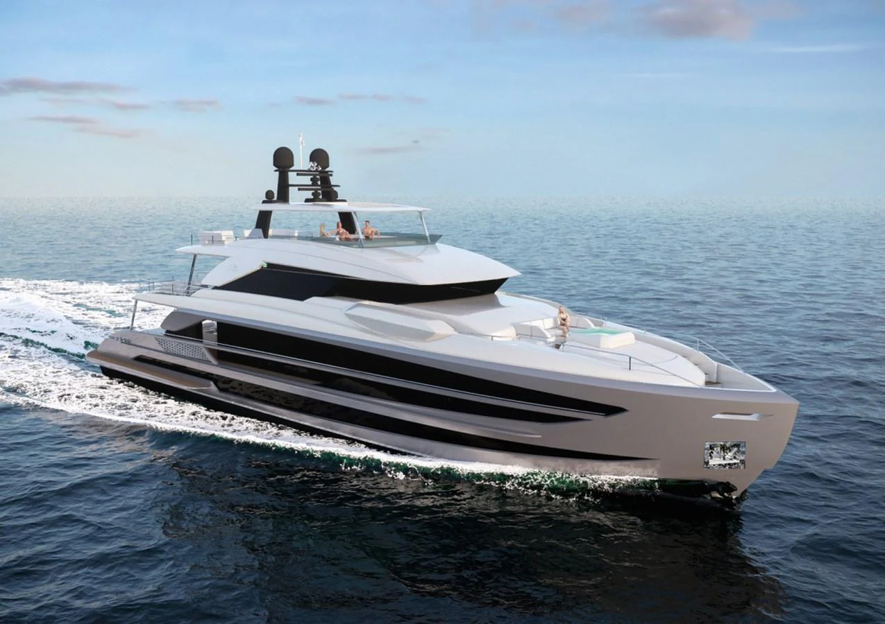 a white boat in the water aboard HORIZON FD125 Yacht for Sale