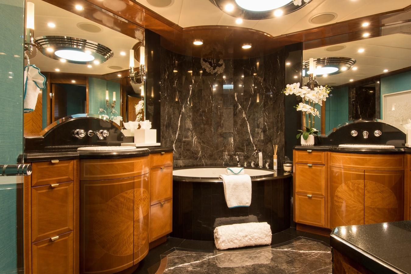 a kitchen with a large window aboard HORIZONS II Yacht for Sale