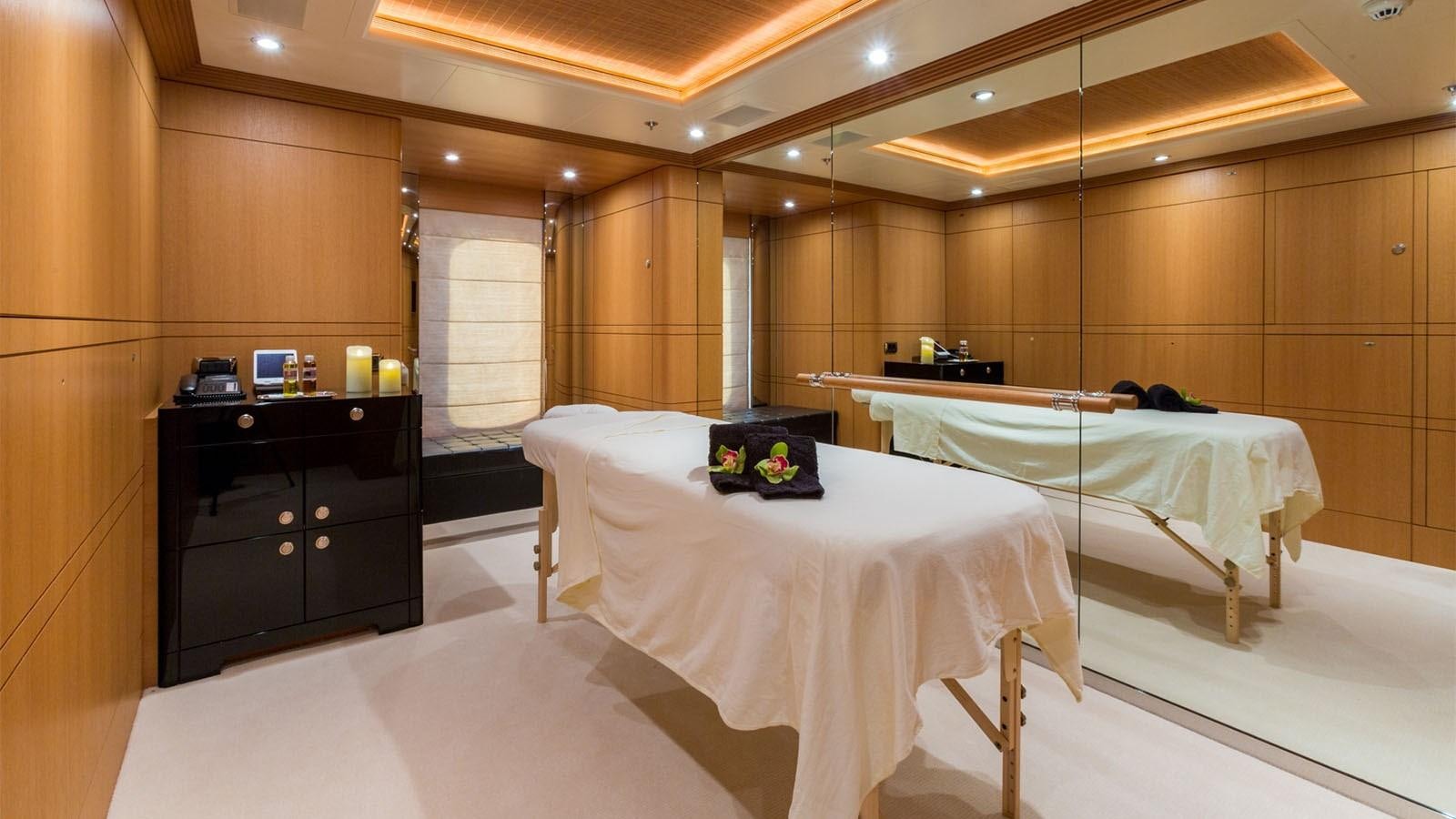 a room with two beds aboard ADVENTURE Yacht for Charter