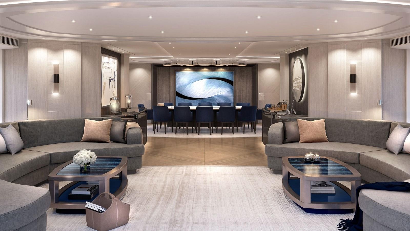 a living room with a large screen aboard SANTOSHA Yacht for Sale