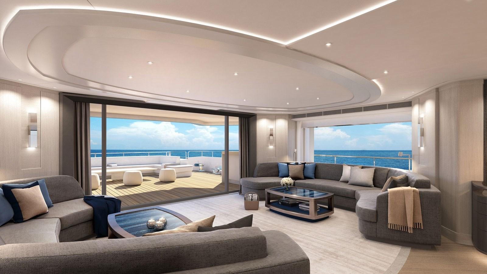 a living room with a large window aboard SANTOSHA Yacht for Sale