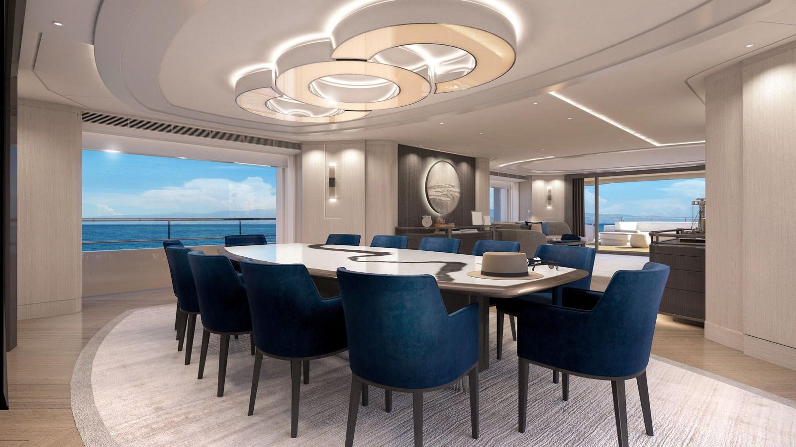 a room with tables and chairs aboard SANTOSHA Yacht for Sale