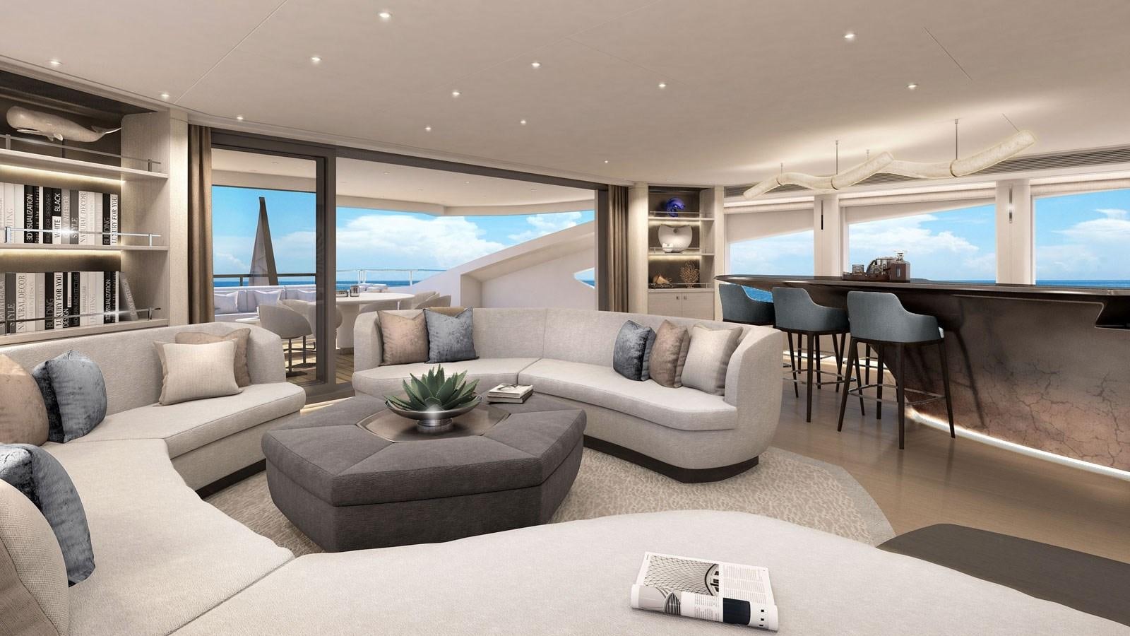 a living room with a couch and a table aboard SANTOSHA Yacht for Sale