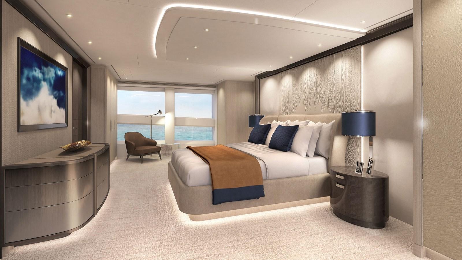 a large bedroom with a large bed aboard SANTOSHA Yacht for Sale
