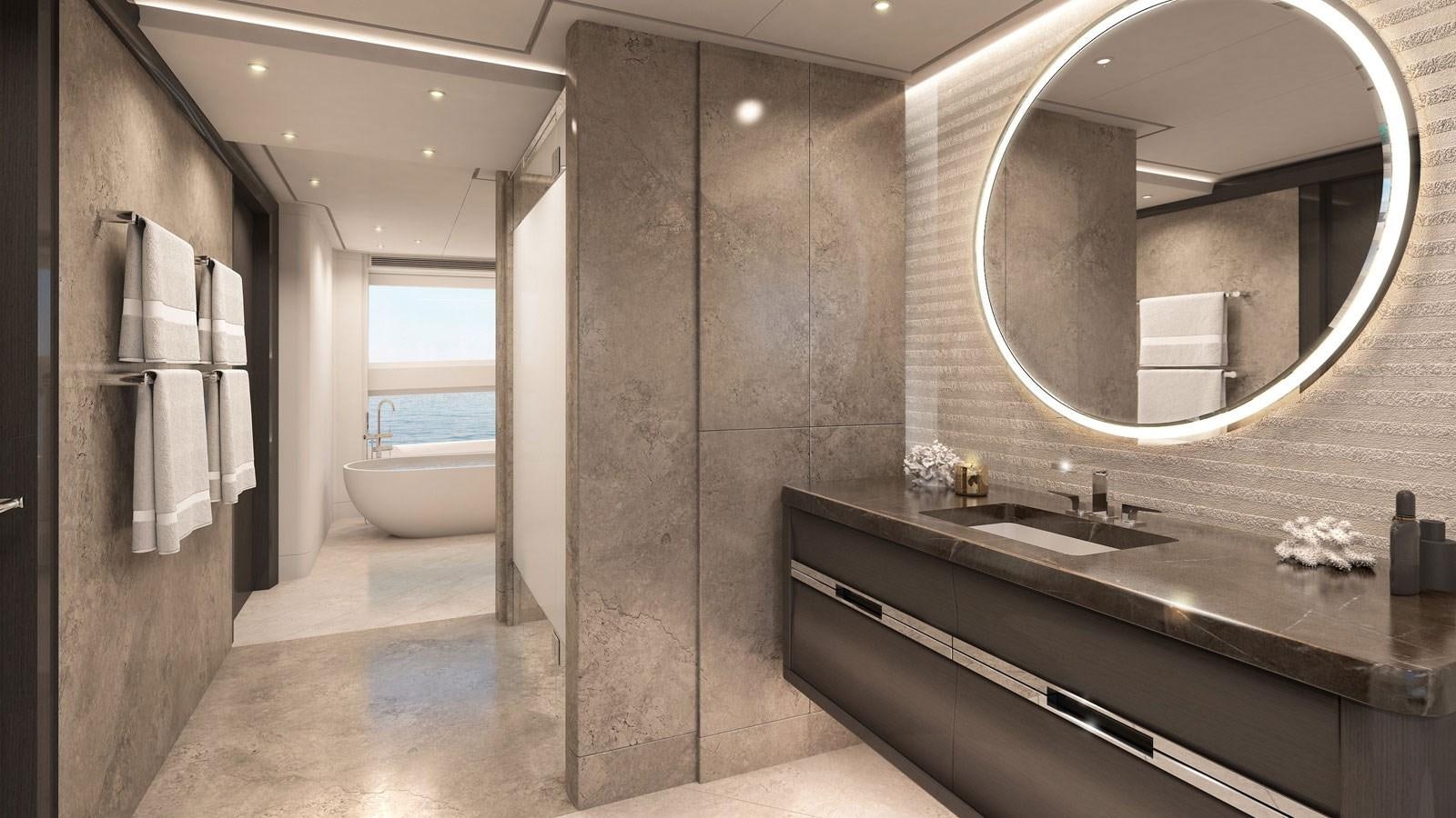 a bathroom with a large mirror aboard SANTOSHA Yacht for Sale